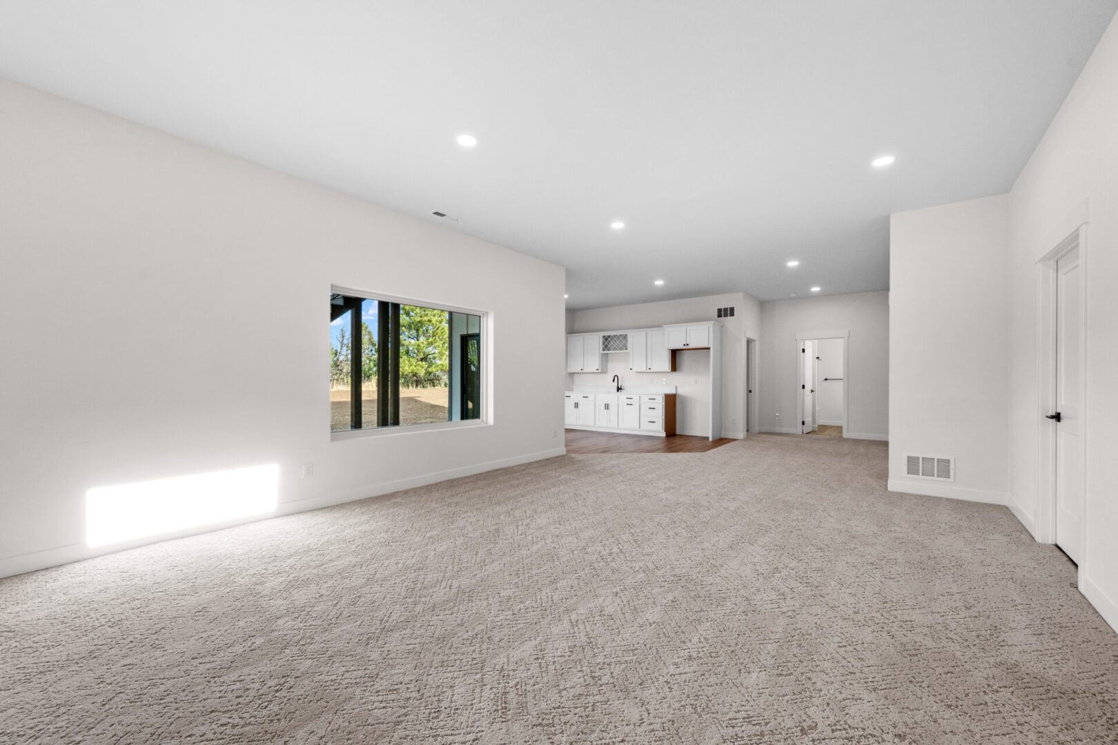 Bright empty living room with carpet and kitchen view.