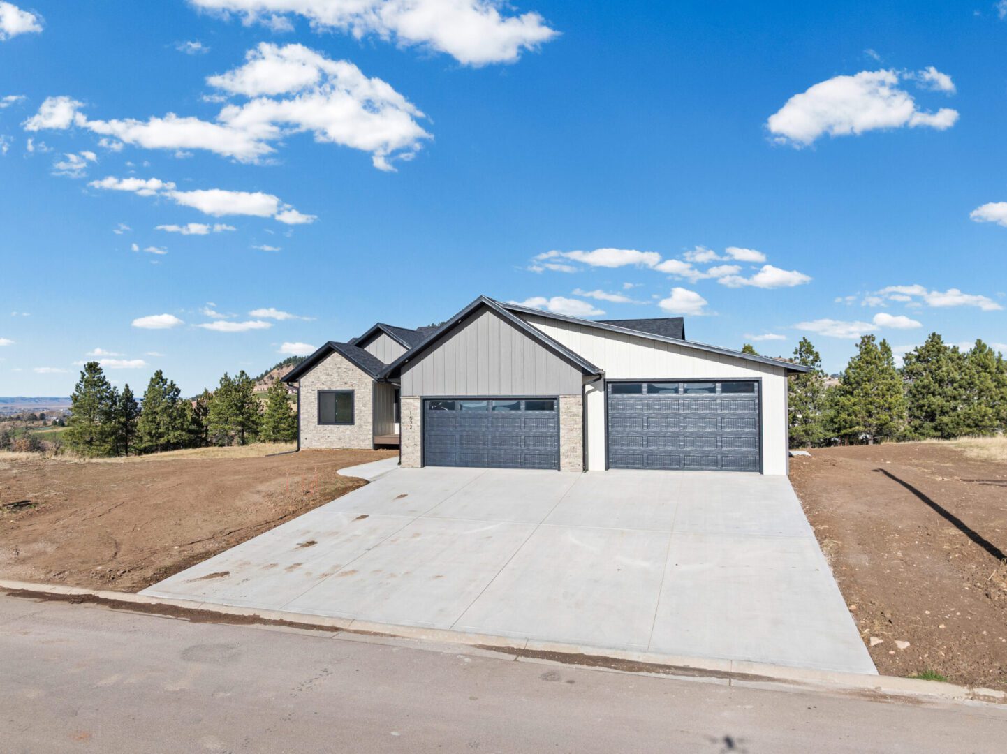 Modern single-story house with a large driveway and three-car garage.