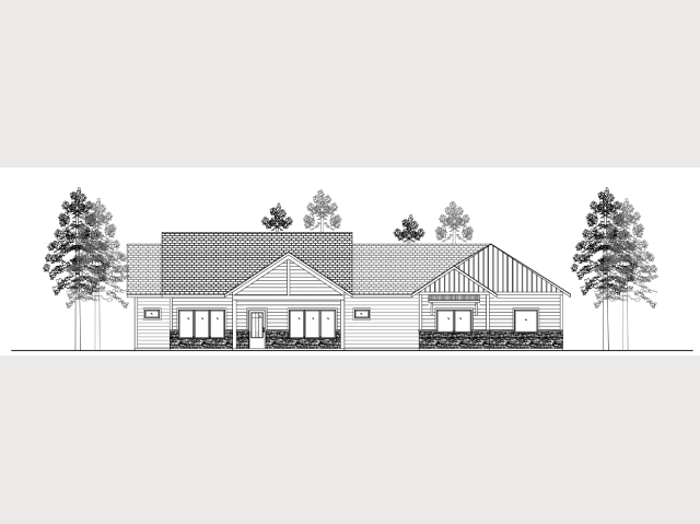 Architectural elevation of a modern residential house with distinct rooflines and landscaping.