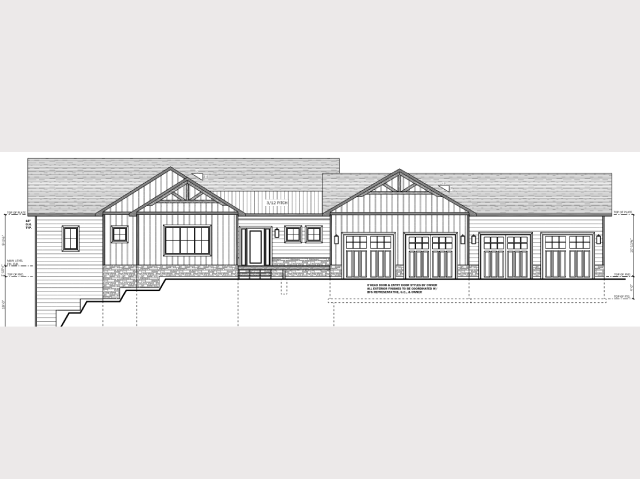 Architectural drawing of a modern ranch-style house exterior.