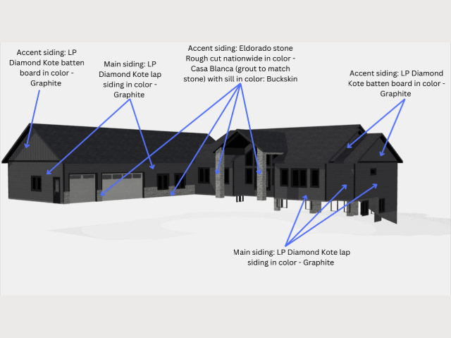 Annotated architectural drawing of a house with roofing details.