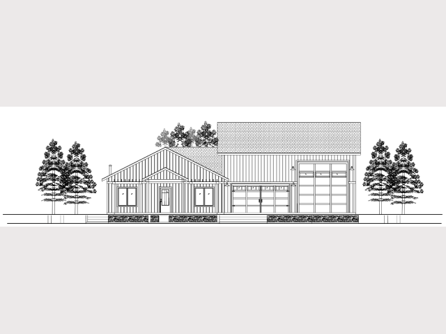 Modern single-story house with large windows and a garage, surrounded by trees.