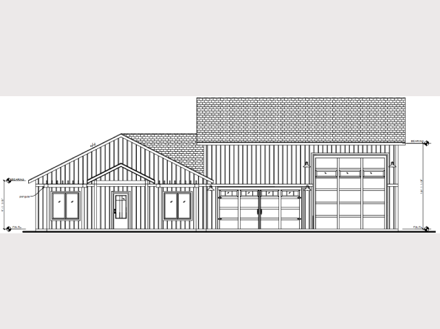Architectural front elevation of a modern single-story house with garage.
