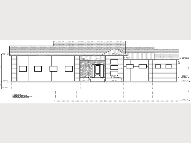 Architectural elevation drawing of a modern single-story building with detailed windows and entrance.