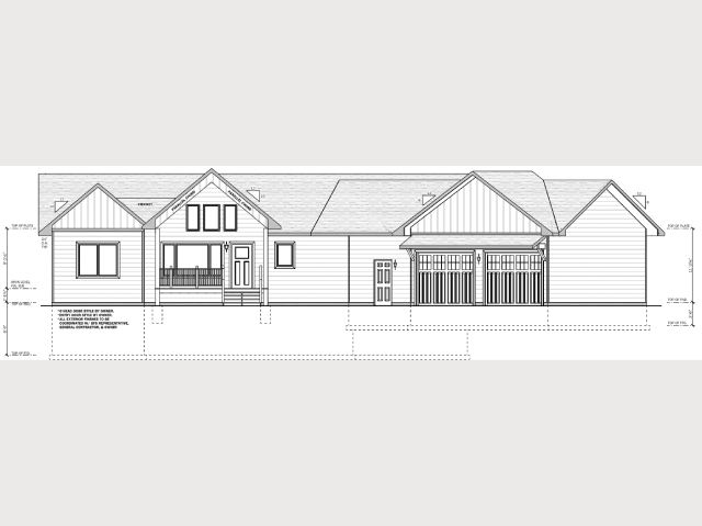 Architectural elevation drawing of a single-story house design.