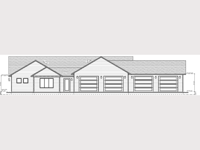 Architectural sketch of a single-story house with multiple garage doors.